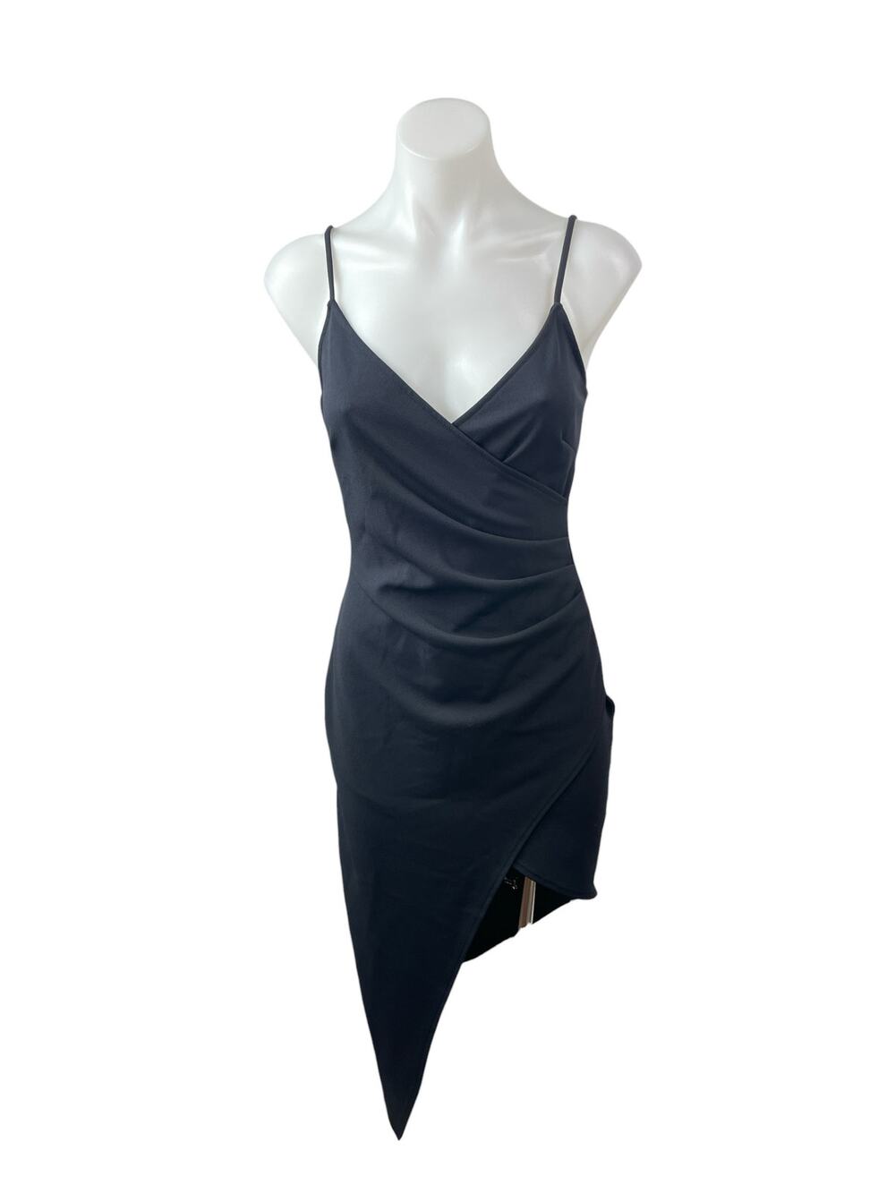 Necessary Clothing Black Sleeveless Ruched V Neck Cami Asymmetric Sheath Dress M